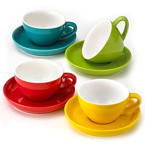 Cafe Mocha Easy Living Goods 88868-240ml Latte Cappuccino Cups and Saucers Durable Porcelain 8 Ounce Capacity for Specialty Coffee Drinks Set of 4 Assorted Vibrant Colors 